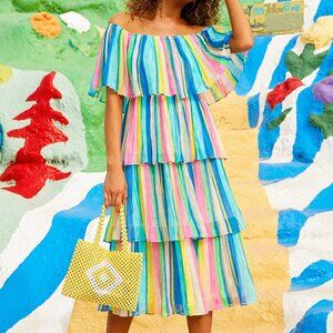 Gala Ready Multi Stripe Print Off-the-Shoulder Ruffle Midi Dress